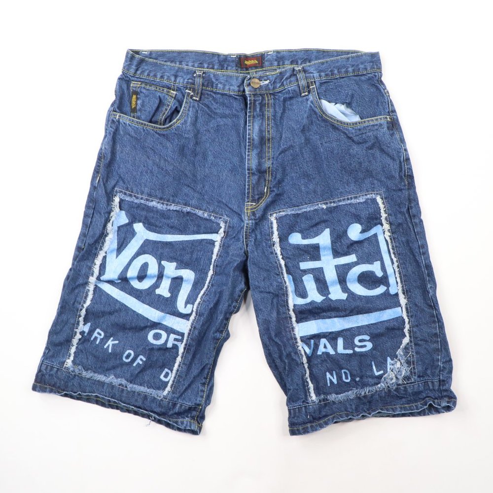 Vintage Von Dutch Mens Size 38 Distressed Spell Out Baggy Denim Jean Shorts Blue